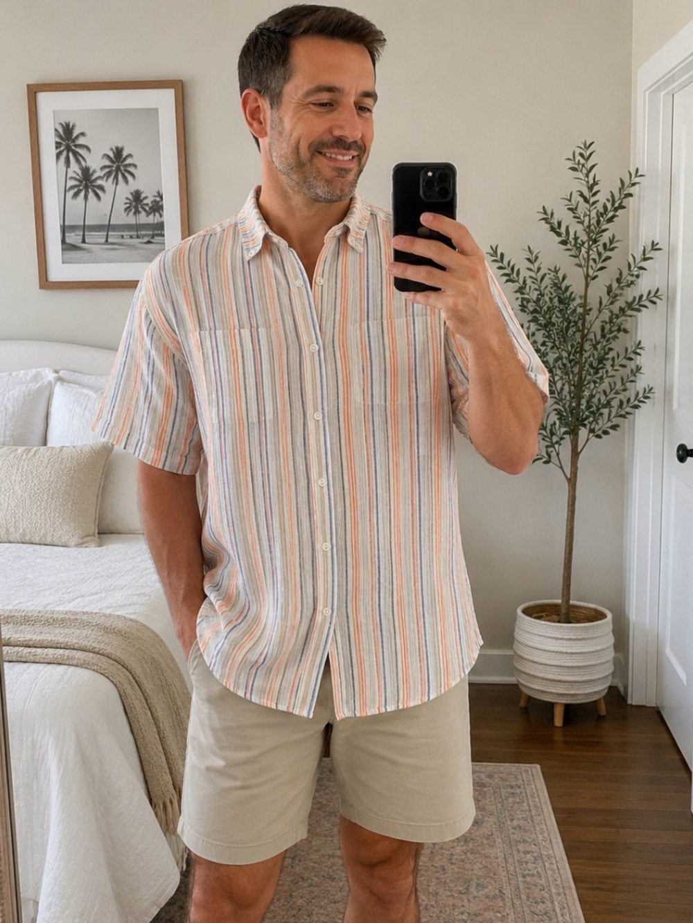 Jos A Bank Mens XL Linen Shirt- Blue Orange Striped- Short Sleeves- Button Up
